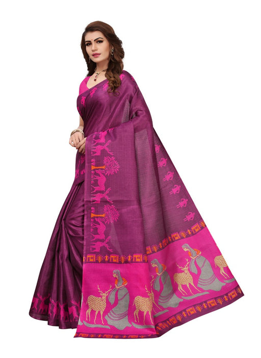 Purple Color Printed Khadi Silk Saree With Blouse