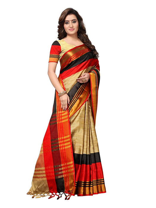 Beige, Red, Black Color Poly Silk Saree only in Bigswipe