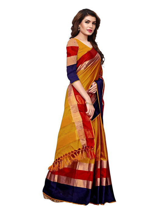 Yellow, Navy Blue, Red Color Poly Silk Saree