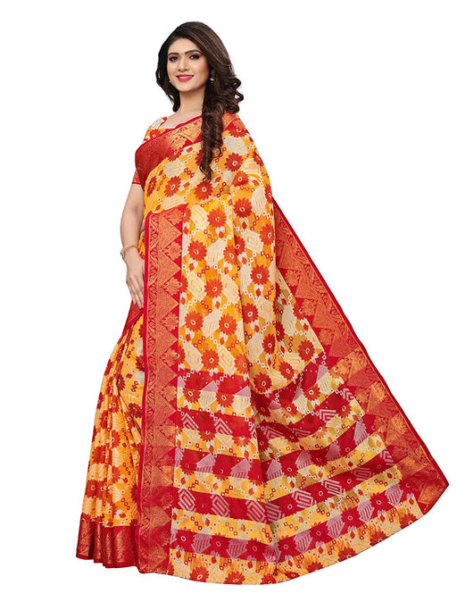 Yellow, Red Color Poly Silk Saree