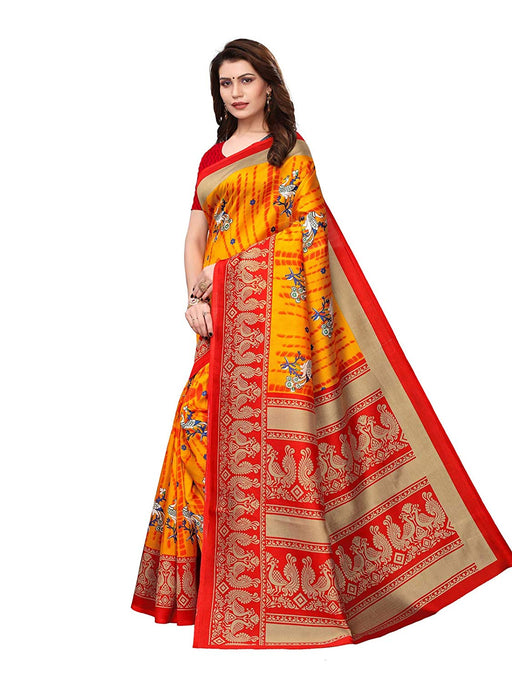 Yellow, Red, Multi Color Poly Silk Saree