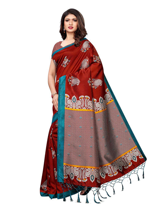 Brown, Multi Color Poly Silk Saree only in Bigswipe