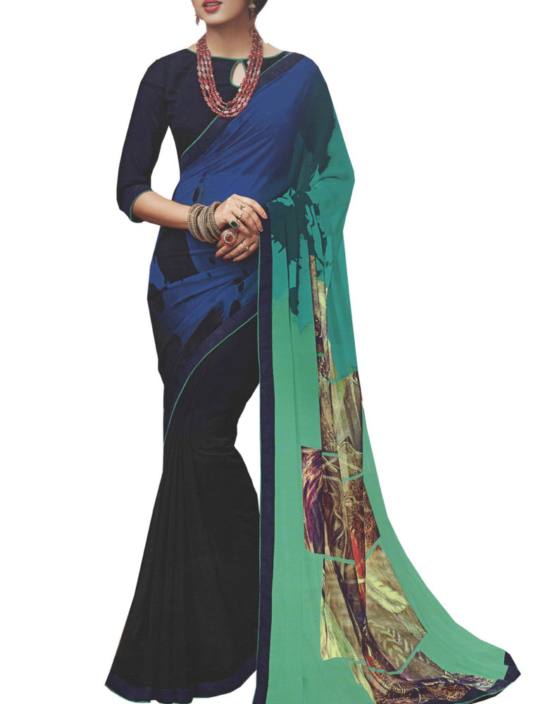 Georgette Digital Saree With Blouse-Black with Blue Color Saree only in Bigswipe