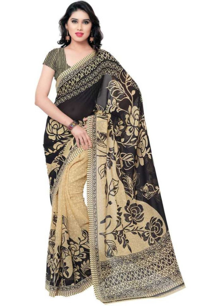 Printed Faux Georgette Black Color Saree only in Bigswipe