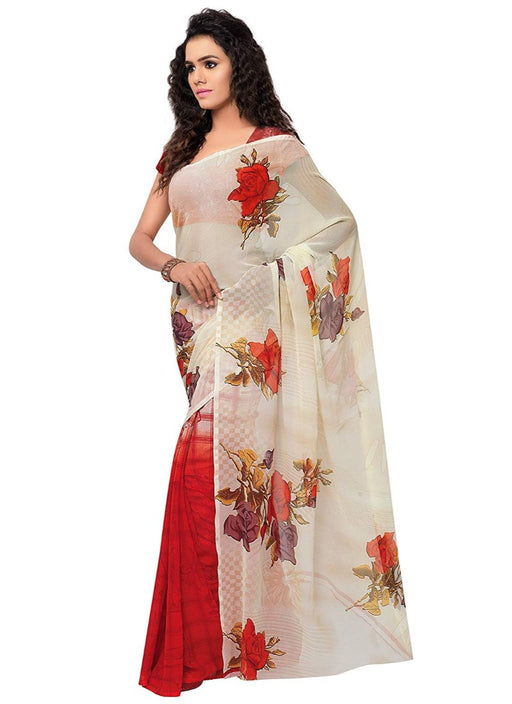 Printed Faux Georgette Red Color Saree only in Bigswipe