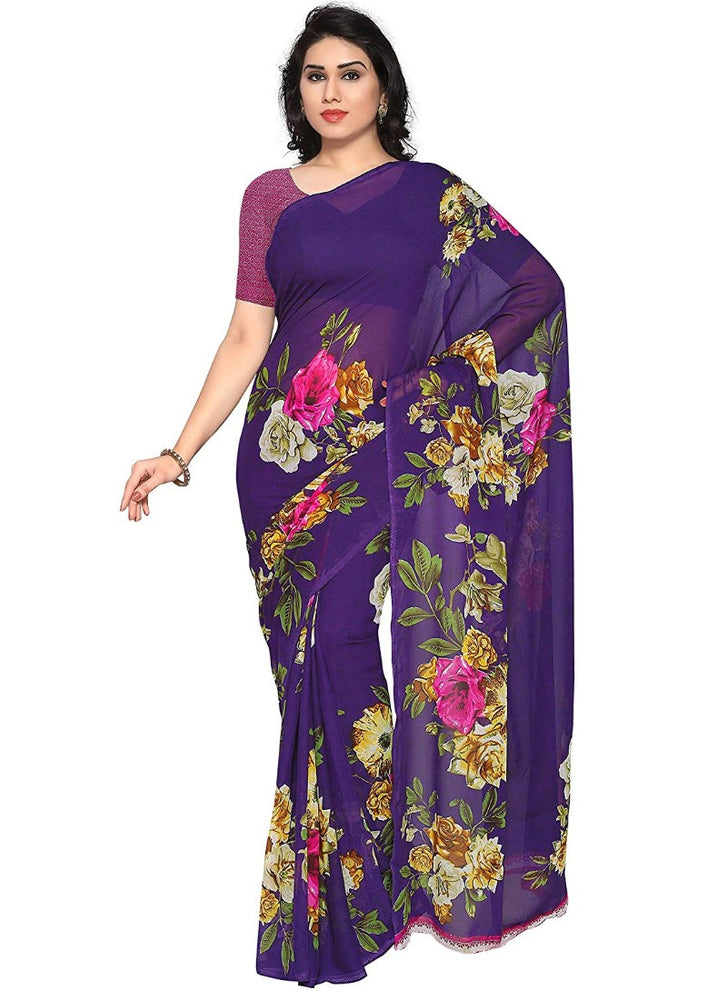 Printed Faux Georgette Purple Color Saree only in Bigswipe