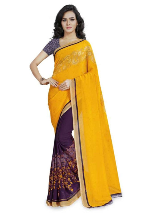 Printed Faux Georgette Yellow Color Saree only in Bigswipe