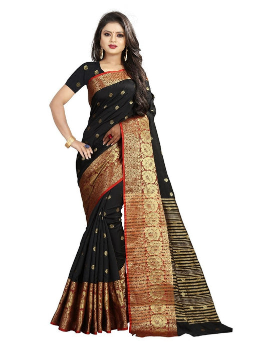 Black Color Printed Cotton Silk Saree With Blouse only in Bigswipe