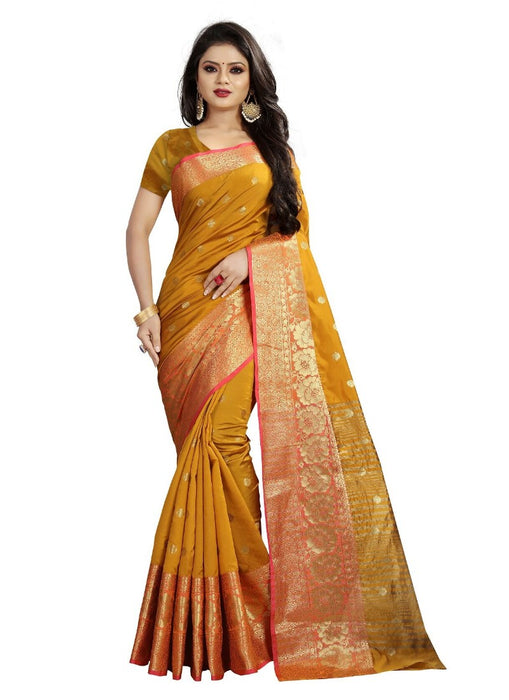 Gold Color Printed Cotton Silk Saree With Blouse only in Bigswipe