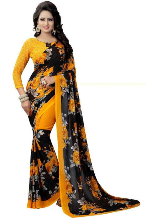 Black And Yellow Color Printed Georgette Saree With Blouse only in Bigswipe