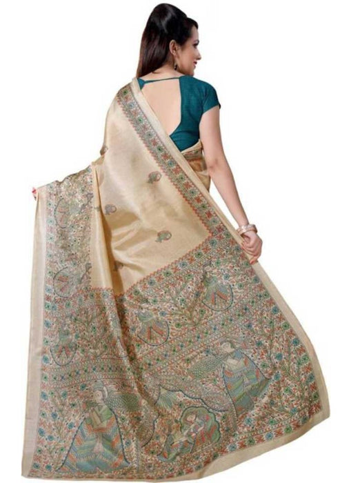 Cream Color Printed Bhagalpuri Silk Saree With Blouse only in Bigswipe