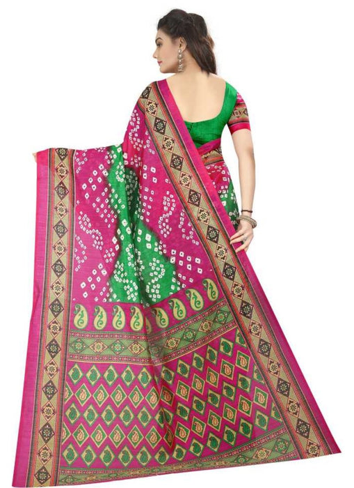 Pink And Green Color Printed Bhagalpuri Silk Saree With Blouse only in Bigswipe