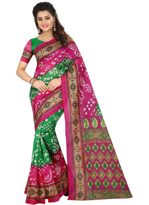 Pink And Green Color Printed Bhagalpuri Silk Saree With Blouse only in Bigswipe