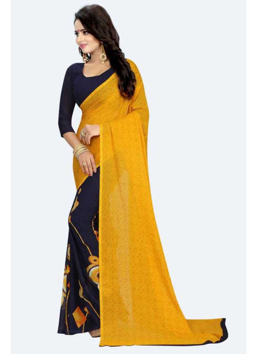 Yellow Color Printed Georgette Saree With Blouse