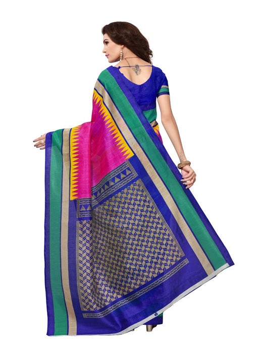 Pink And Blue Color Printed Bhagalpuri Silk Saree With Blouse only in Bigswipe