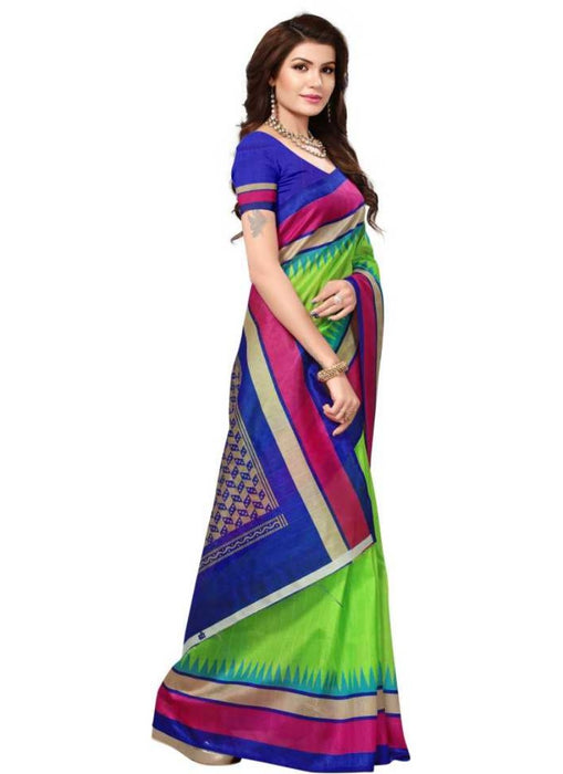 Green And Blue Color Printed Bhagalpuri Silk Saree With Blouse only in Bigswipe