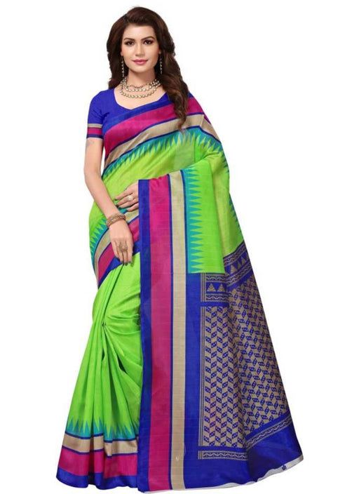 Green And Blue Color Printed Bhagalpuri Silk Saree With Blouse only in Bigswipe