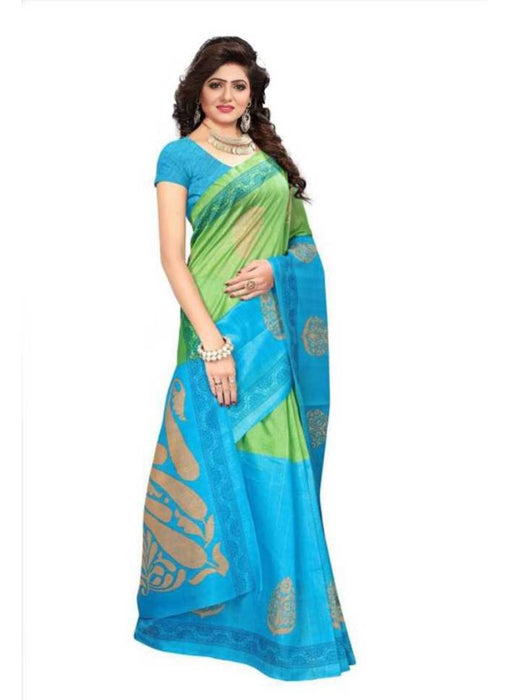 Green And Sky Blue Color Printed Bhagalpuri Silk Saree With Blouse only in Bigswipe