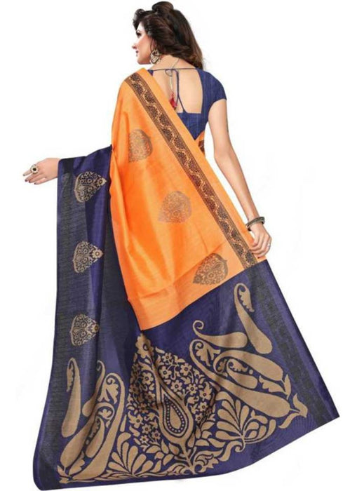 Oranage And Blue Color Printed Bhagalpuri Silk Saree With Blouse only in Bigswipe