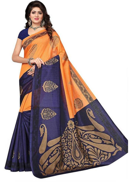 Oranage And Blue Color Printed Bhagalpuri Silk Saree With Blouse only in Bigswipe