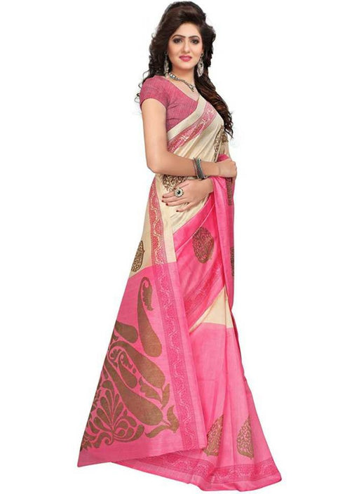 Beige And Pink Color Printed Bhagalpuri Silk Saree With Blouse only in Bigswipe