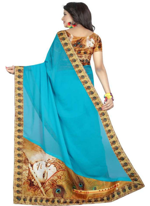 Sky Blue Color Printed Chiffon Saree With Blouse