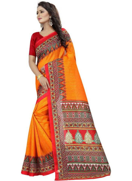 Yellow And Red Color Printed Bhagalpuri Silk Saree With Blouse