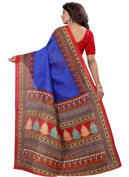 Blue And Red Color Printed Bhagalpuri Silk Saree With Blouse only in Bigswipe