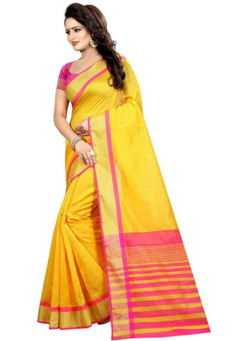 Yellow Color Printed Cotton Polyester Silk Saree With Blouse