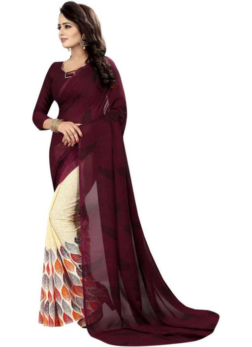 Wine Color Printed Georgette Saree With Blouse