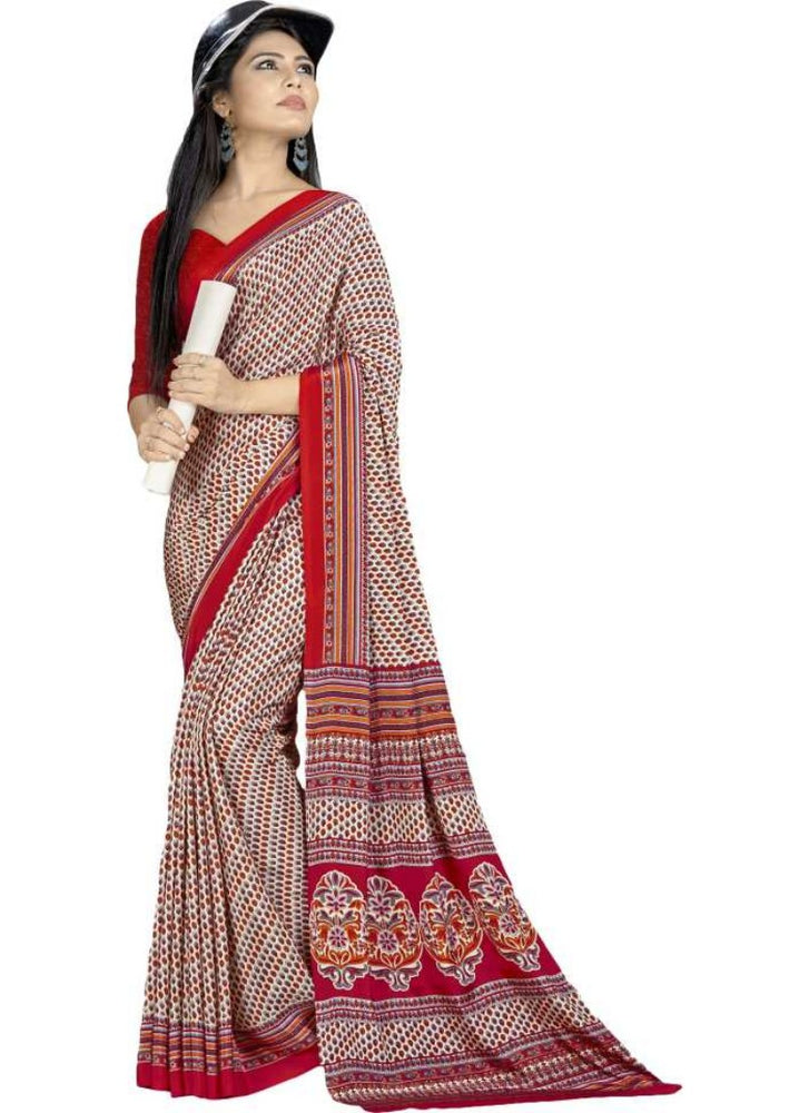 Cream And Red Color Printed Silk Crepe Saree With Blouse only in Bigswipe