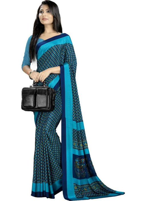 Blue Color Printed Silk Crepe Saree With Blouse only in Bigswipe