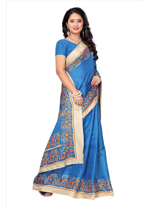 Blue Color Printed Khadi Silk Jhalor Saree With Blouse only in Bigswipe