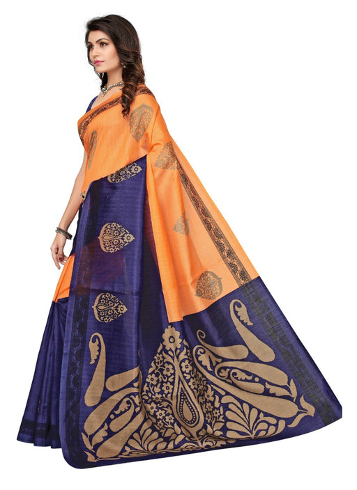 Blue and orange Color Printed Bhagalpuri Silk Saree With Blouse only in Bigswipe