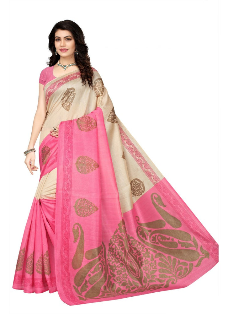 Pink Color Printed Bhagalpuri Silk Saree With Blouse only in Bigswipe