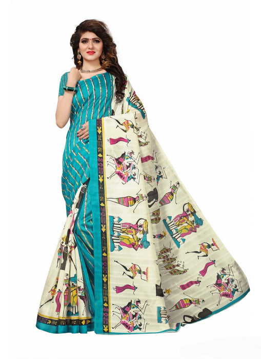 Blue Color Printed Bhagalpuri Silk Saree With Blouse only in Bigswipe