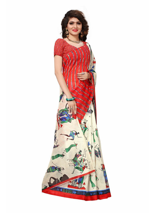 Red Color Printed Bhagalpuri Silk Saree With Blouse