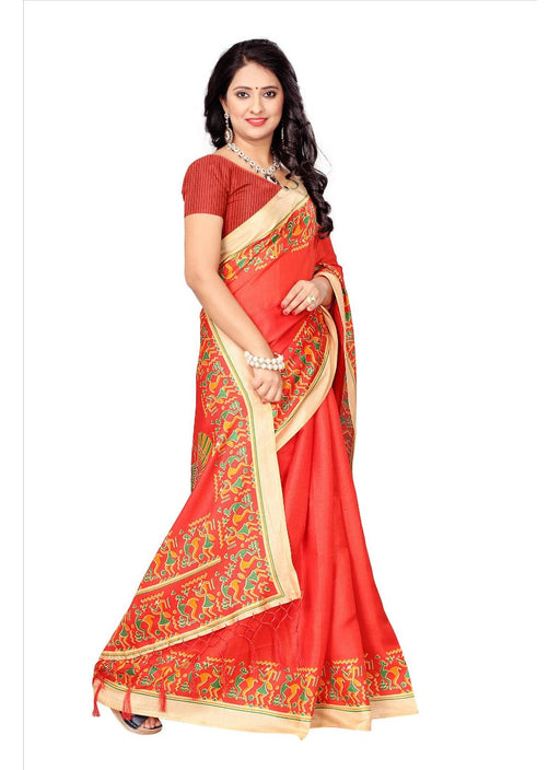 Red Color Printed Khadi Silk Jhalor Saree With Blouse