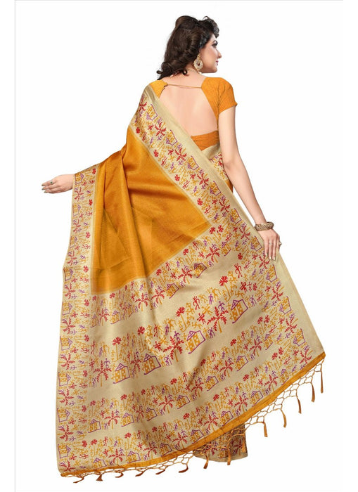 Golden Color Printed Khadi Silk Jhalor Saree With Blouse only in Bigswipe