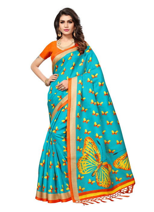 Blue Color Printed Khadi Silk Jhalor Saree With Blouse only in Bigswipe