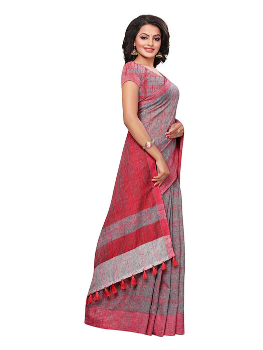 Grey (Red) Color Linen Saree only in Bigswipe