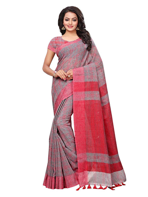 Grey (Red) Color Linen Saree only in Bigswipe