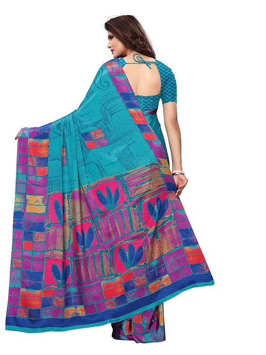 Turquoise, Multi Color Crepe Saree