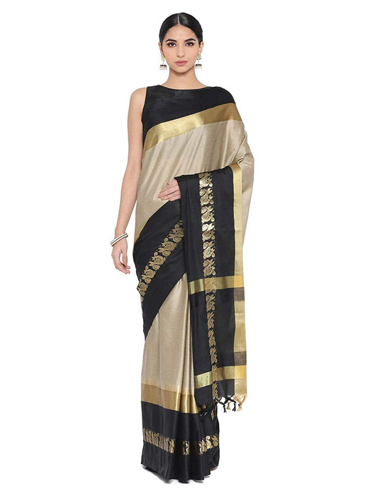 Beige, Black Color Poly Silk Saree only in Bigswipe