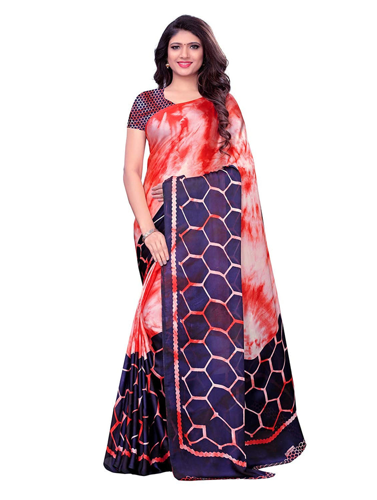 Peach, Navy Blue Color Satin Saree only in Bigswipe