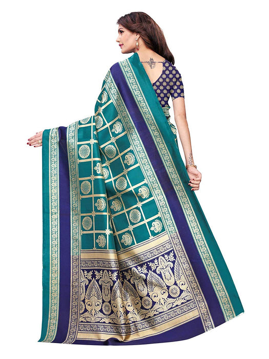 Turquoise, Navy Blue, Multi Color Poly Silk Saree