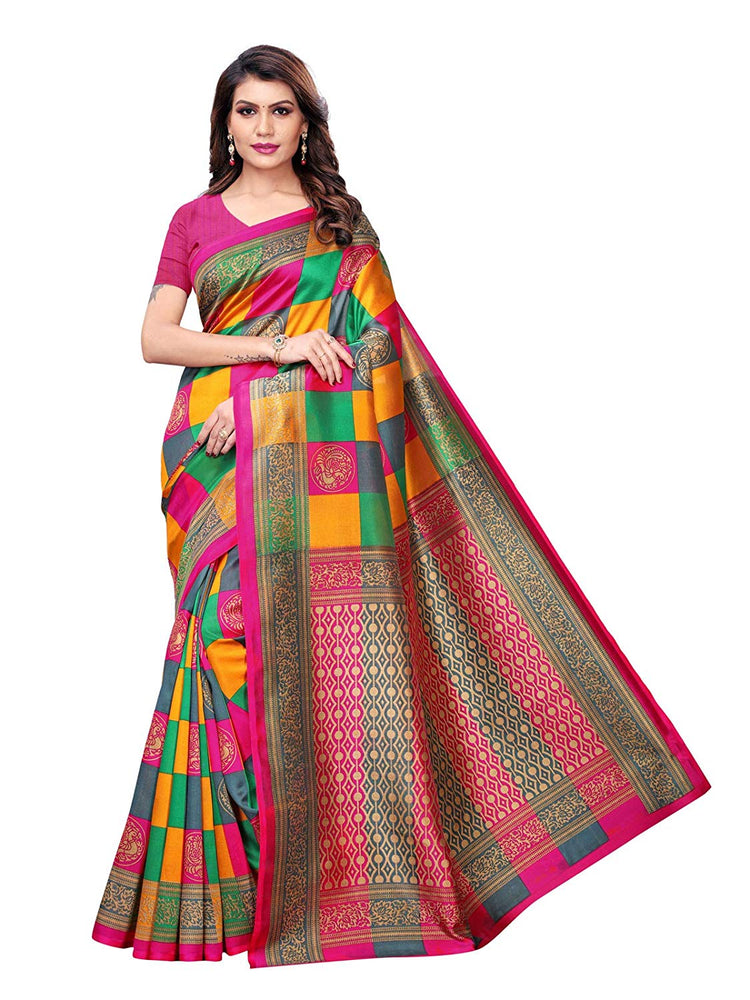 Pink, Multi Color Poly Silk Saree only in Bigswipe