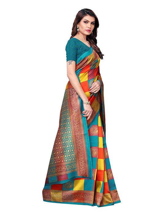 Turquoise, Multi Color Poly Silk Saree