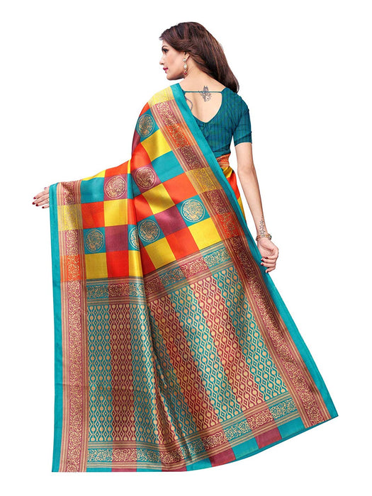 Turquoise, Multi Color Poly Silk Saree