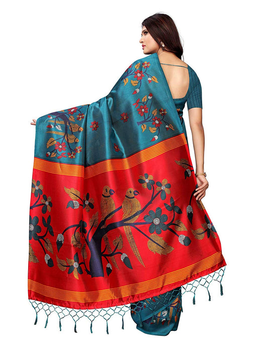 Turquoise, Multi Color Poly Silk Saree